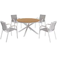 Vente-unique Tuinset van aluminium: ronde tafel D.125 cm en 4 fauteuils - Wit en licht naturel - ZEYVA van MYLIA