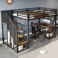 OKWISH Hoogslaper 120x200 cm - Met Bureau En Opbergplank - Trap Met Leuningen - Metaal En Hout - Zonder Matras - Zwart