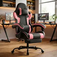 OKWISH Gamingstoel – Ergonomisch Met Verstelbare Rugleuning En Voetsteun – Voor Gamen En Kantoor – PVC – Zwart Roze