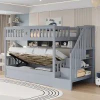 OKWISH Hoogslaper 90x200cm – Met Hydraulische Opbergruimte – Trap Met Opbergvakken En Rekken – Massief Hout – Zonder matras – Grijs