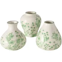 Boltze - Vaas - Set van 3 - Mini Vaasjes - Kate - Wit met groene bloemenprint - 11x10cm - Keramiek
