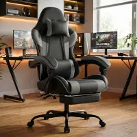 STILVORA Gamingstoel - Ergonomisch Verstelbaar - Met Voetsteun En Lendensteun - Voor Gamen En Kantoor - PVC - Zwart Grijs