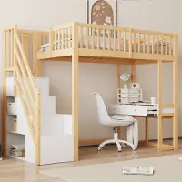 OKWISH Hoogslaper 90x200 cm – Met Multifunctionele Tafel – Opbergtrap – Ruimte Onder Bed – Houten Kinderbed – Zonder matras – Wit Licht Eiken