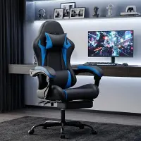 OKWISH Gamestoel Verstelbaar - Ergonomische Rugleuning, Hoofdsteun En Voetsteun - Voor Werken En Gamen - PVC - Zwart Blauw