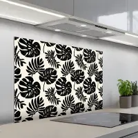 KitchenYeah Spatscherm 100x65 cm - Zelfklevende achterwand Modern - Monstera - Zwart - Keuken muurbeschermer - Spatwand fornuis