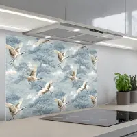 KitchenYeah Spatscherm 90x60 cm - Zelfklevende achterwand Wolken - Kraanvogels - Blauw - Keuken muurbeschermer - Spatwand fornuis