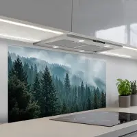 KitchenYeah Spatscherm 120x60 cm - Zelfklevende achterwand Naaldwoud - Bergen - Mist - Keuken muurbeschermer - Spatwand fornuis