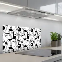 KitchenYeah Spatscherm 90x45 cm - Zelfklevende achterwand Lijnen - Gezichten - Zwart - Wit - Keuken muurbeschermer - Spatwand fornuis