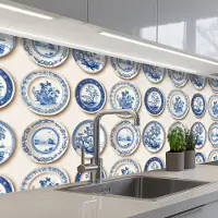KitchenYeah Keuken achterwand 200x60 cm - Spatscherm zelfklevend Borden - Bomen - Planten - Blauw - Muurbeschermer - Spatwand fornuis