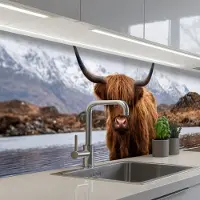 KitchenYeah Keuken achterwand 250x60 cm - Spatscherm zelfklevend Schotse hooglander - Bruin - Water - Muurbeschermer - Spatwand fornuis