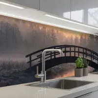 KitchenYeah Keuken achterwand 300x80 cm - Spatscherm zelfklevend Brug - Mist - Bomen - Water - Muurbeschermer - Spatwand fornuis