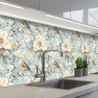 KitchenYeah Keuken achterwand 300x80 cm - Spatscherm zelfklevend Botanisch - Zangvogel - Blauw - Muurbeschermer - Spatwand fornuis