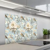 KitchenYeah Spatscherm 100x65 cm - Zelfklevende achterwand Botanisch - Zangvogel - Blauw - Keuken muurbeschermer - Spatwand fornuis