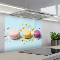 KitchenYeah Spatscherm 90x70 cm - Zelfklevende achterwand Macarons - Kleurrijk - Pastel - Keuken muurbeschermer - Spatwand fornuis
