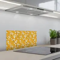 KitchenYeah Spatscherm 70x30 cm - Zelfklevende achterwand Bloesemtak - Aquarel - Geel - Keuken muurbeschermer - Spatwand fornuis