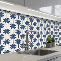 KitchenYeah Keuken achterwand 250x80 cm - Spatscherm zelfklevend Symmetrisch - Palm - Blauw - Muurbeschermer - Spatwand fornuis