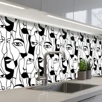 KitchenYeah Keuken achterwand 400x80 cm - Spatscherm zelfklevend Lijnen - Gezichten - Zwart - Wit - Muurbeschermer - Spatwand fornuis