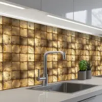 KitchenYeah Keuken achterwand 300x80 cm - Spatscherm zelfklevend Geometrisch - Tegels - Goud - Muurbeschermer - Spatwand fornuis