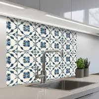 KitchenYeah Keuken achterwand 100x80 cm - Spatscherm zelfklevend Grafisch - Tegel - Blauw - Muurbeschermer - Spatwand fornuis