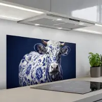 KitchenYeah Spatscherm 100x50 cm - Zelfklevende achterwand Koe - Delfts - Blauw - Artistiek - Keuken muurbeschermer - Spatwand fornuis