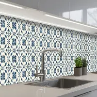 KitchenYeah Keuken achterwand 350x60 cm - Spatscherm zelfklevend Grafisch - Tegel - Blauw - Muurbeschermer - Spatwand fornuis