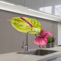 KitchenYeah Keuken achterwand 100x60 cm - Spatscherm zelfklevend Planten - Anthurium - Groen - Roze - Muurbeschermer - Spatwand fornuis