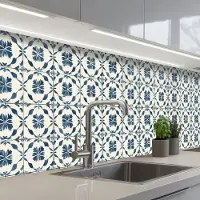 KitchenYeah Keuken achterwand 300x80 cm - Spatscherm zelfklevend Grafisch - Tegel - Blauw - Muurbeschermer - Spatwand fornuis
