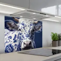 KitchenYeah Spatscherm 80x60 cm - Zelfklevende achterwand Koe - Delfts - Blauw - Artistiek - Keuken muurbeschermer - Spatwand fornuis
