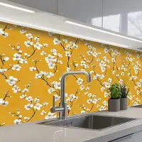 KitchenYeah Keuken achterwand 150x80 cm - Spatscherm zelfklevend Bloesemtak - Aquarel - Geel - Muurbeschermer - Spatwand fornuis