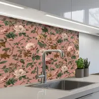KitchenYeah Keuken achterwand 80x60 cm - Spatscherm zelfklevend Bloemen - Klassiek - Roze - Muurbeschermer - Spatwand fornuis