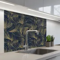 KitchenYeah Keuken achterwand 100x80 cm - Spatscherm zelfklevend Abstract - Lijnen - Blauw - Goud - Muurbeschermer - Spatwand fornuis