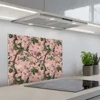 KitchenYeah Spatscherm 70x55 cm - Zelfklevende achterwand Pioenrozen - Botanisch - Vogel - Keuken muurbeschermer - Spatwand fornuis