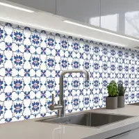 KitchenYeah Keuken achterwand 300x60 cm - Spatscherm zelfklevend Modern - Patroon - Blauw - Roze - Muurbeschermer - Spatwand fornuis