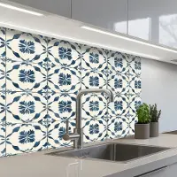 KitchenYeah Keuken achterwand 80x60 cm - Spatscherm zelfklevend Grafisch - Tegel - Blauw - Muurbeschermer - Spatwand fornuis
