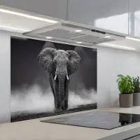 KitchenYeah Spatscherm 90x70 cm - Zelfklevende achterwand Olifant - Zwart - Wit - Rook - Keuken muurbeschermer - Spatwand fornuis