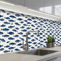 KitchenYeah Keuken achterwand 300x60 cm - Spatscherm zelfklevend Vissen - Patroon - Blauw - Wit - Muurbeschermer - Spatwand fornuis