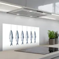 KitchenYeah Spatscherm 90x45 cm - Zelfklevende achterwand Vissen - Illustratie - Delfts - Blauw - Keuken muurbeschermer - Spatwand fornuis