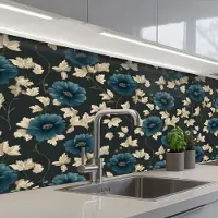 KitchenYeah Keuken achterwand 150x60 cm - Spatscherm zelfklevend Botanisch - Bloemen - Blauw - Muurbeschermer - Spatwand fornuis