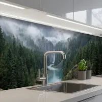 KitchenYeah Keuken achterwand 400x80 cm - Spatscherm zelfklevend Waterval - Bomen - Bergen - Muurbeschermer - Spatwand fornuis