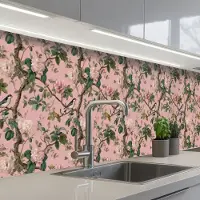 KitchenYeah Keuken achterwand 300x60 cm - Spatscherm zelfklevend Pioenrozen - Botanisch - Vogel - Muurbeschermer - Spatwand fornuis