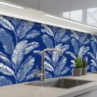 KitchenYeah Keuken achterwand 250x80 cm - Spatscherm zelfklevend Blad - Palm - Blauw - Muurbeschermer - Spatwand fornuis