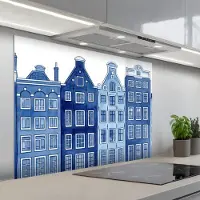 KitchenYeah Spatscherm 100x75 cm - Zelfklevende achterwand Aquarel - Grachtenpanden - Delfts - Blauw - Keuken muurbeschermer - Spatwand fornuis