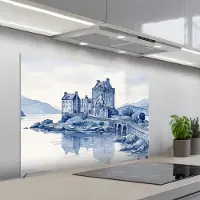 KitchenYeah Spatscherm 100x65 cm - Zelfklevende achterwand Schots - Kasteel - Blauw - Aquarel - Keuken muurbeschermer - Spatwand fornuis