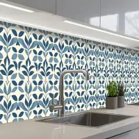 KitchenYeah Keuken achterwand 350x60 cm - Spatscherm zelfklevend Flora - Modern - Blauw - Muurbeschermer - Spatwand fornuis