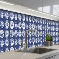 KitchenYeah Keuken achterwand 450x60 cm - Spatscherm zelfklevend Borden - Floraal - Blauw - Muurbeschermer - Spatwand fornuis