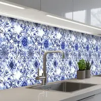 KitchenYeah Keuken achterwand 500x60 cm - Spatscherm zelfklevend Bloemen - Blauw - Patroon - Wit - Muurbeschermer - Spatwand fornuis