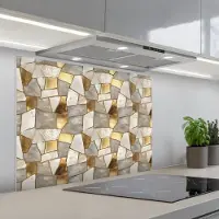 KitchenYeah Spatscherm 90x70 cm - Zelfklevende achterwand Mozaïek - Marmer print - Goud - Keuken muurbeschermer - Spatwand fornuis