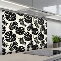 KitchenYeah Spatscherm 120x80 cm - Zelfklevende achterwand Modern - Monstera - Zwart - Keuken muurbeschermer - Spatwand fornuis