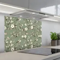 KitchenYeah Spatscherm 90x70 cm - Zelfklevende achterwand Botanisch - Vogels - Groen - Keuken muurbeschermer - Spatwand fornuis