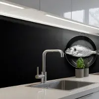 KitchenYeah Keuken achterwand 150x60 cm - Spatscherm zelfklevend Pan - Vis - Zwart - Wit - Muurbeschermer - Spatwand fornuis
